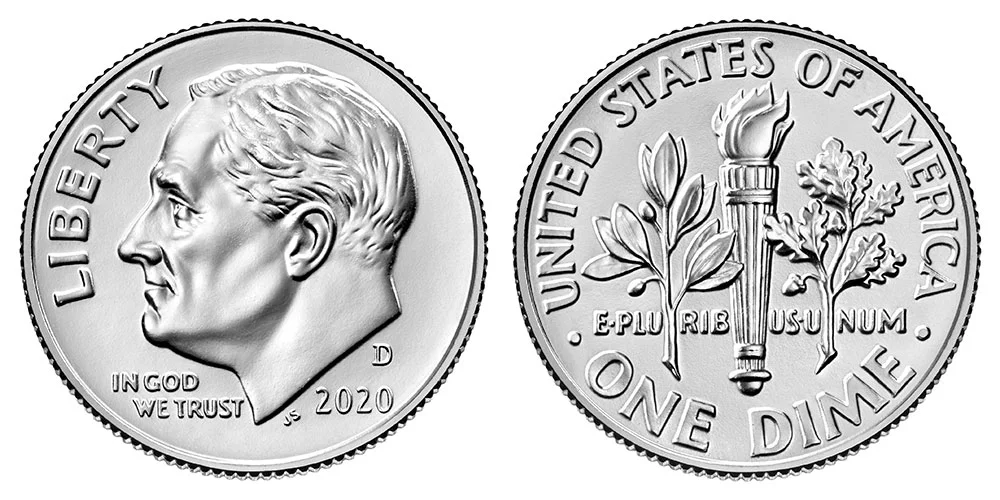 2020 Roosevelt dime obverse and reverse showing mint mark and torch design