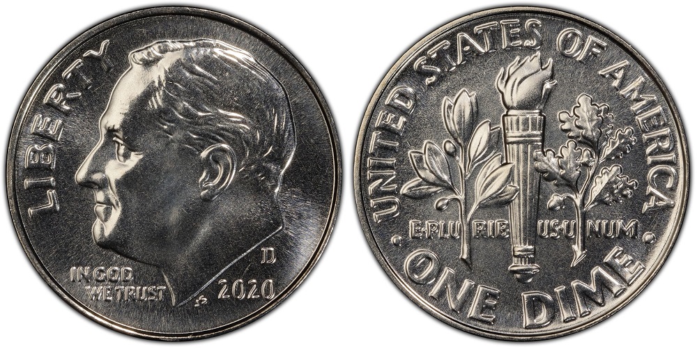 Side-by-side comparison of 2020 dime reverse torch bands: common strike vs Full Bands example