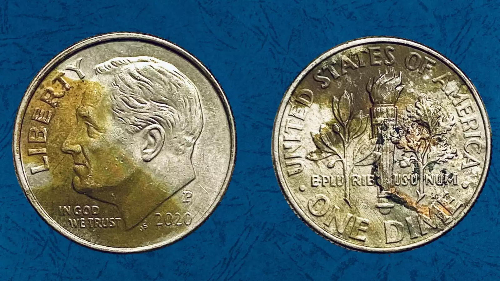 2020 Roosevelt dime showing missing clad layer error with exposed copper core