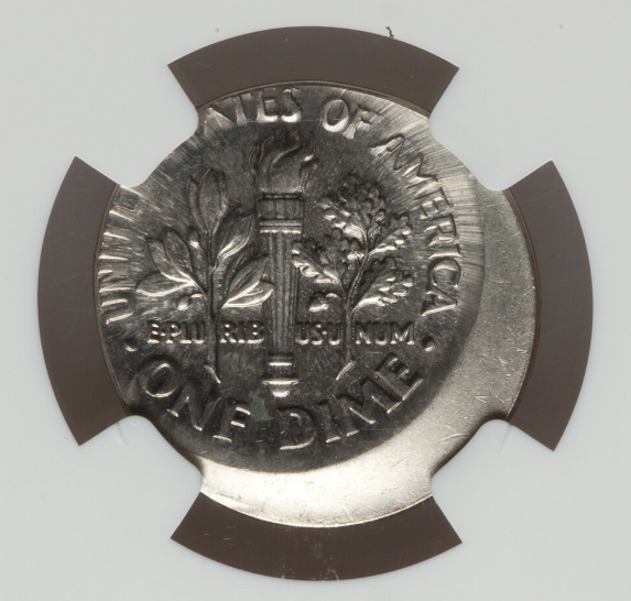 2020 Roosevelt dime off-center strike error showing shifted design with blank planchet crescent