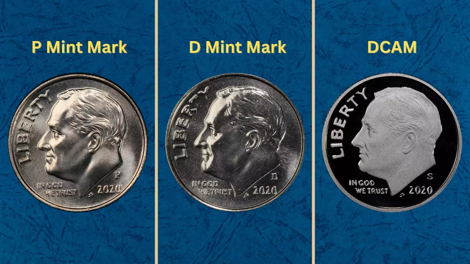 Group of 2020 Roosevelt dimes showing P, D, and S mint marks on dark background