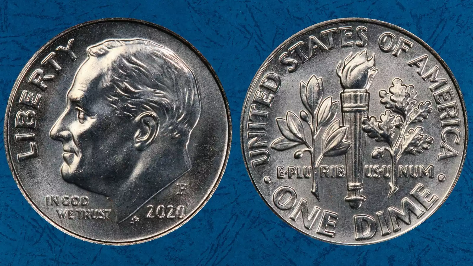 2020 Roosevelt dime grading strip showing four condition tiers from worn to gem uncirculated